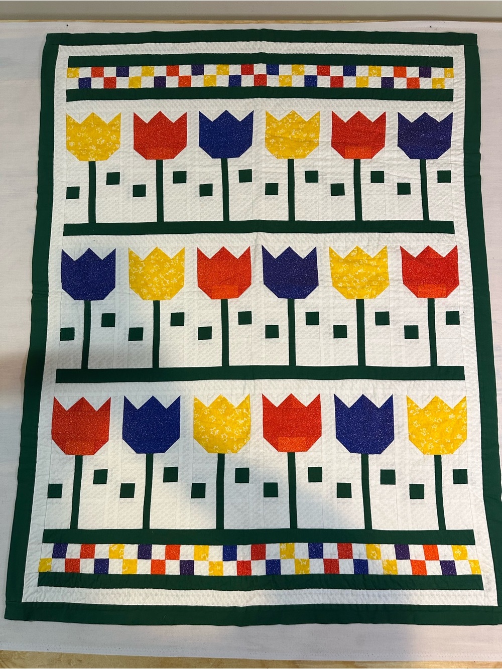 Source Unknown Green, Yellow, Red, Blue Tulip Patchwork Quilt